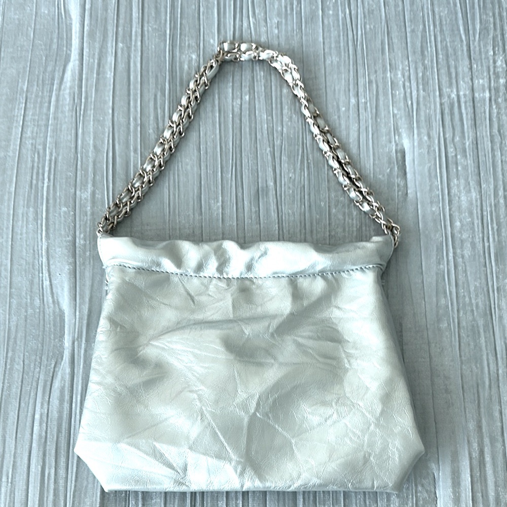 Elegant Silver Crinkle Bag With Gold Chain Strap